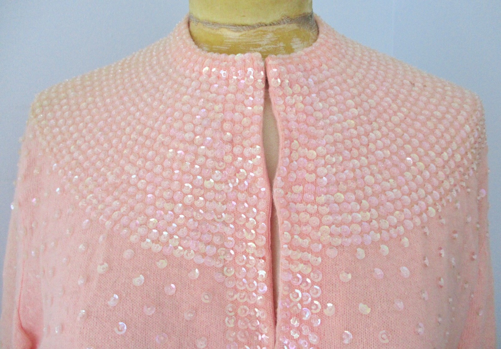 Vtg 50s pink lambswool? clear sequin bombshell cardigan sweater lined 40