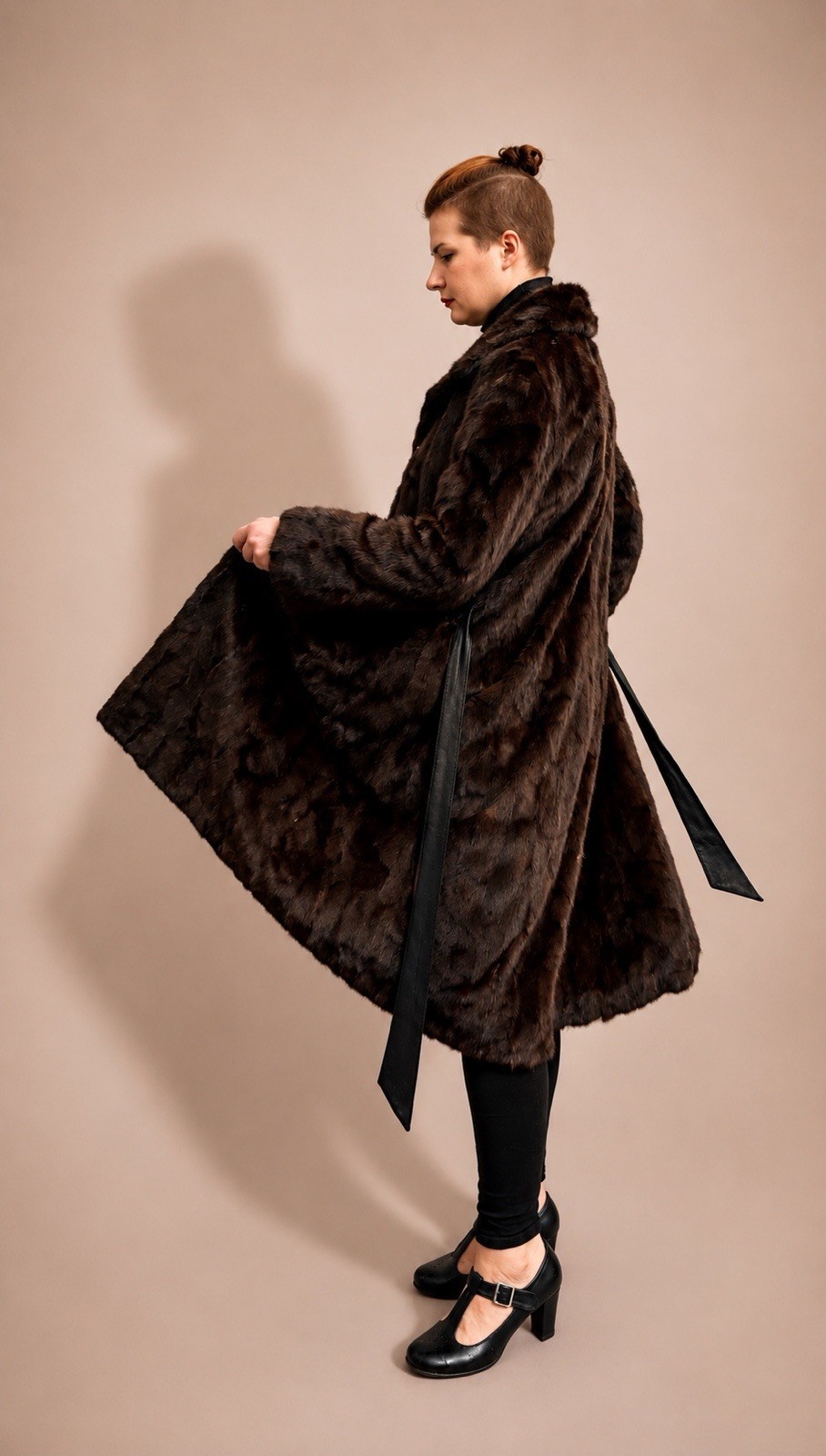 Vintage Full-Length Pieced Ranch Mink Fur Coat Massive Sweep Leather Belt Lux