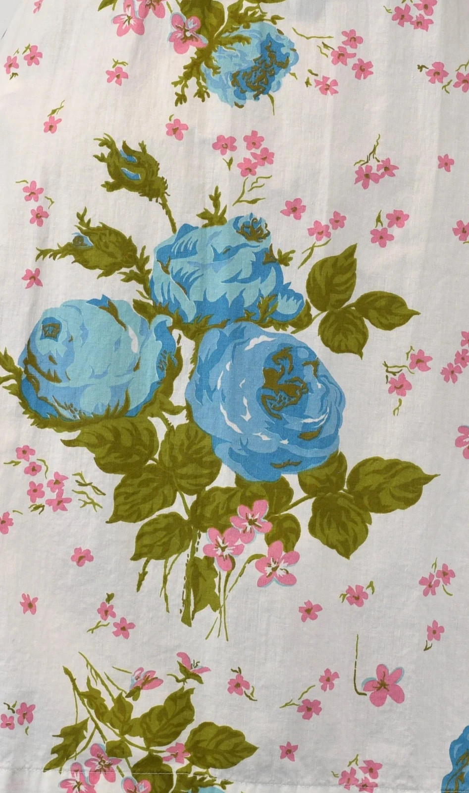 1950s Blue Rose Pink Floral Print White Cotton Pinup Mid Century Skirt