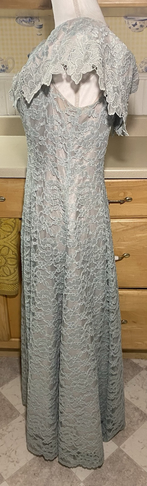 Vtg 80s Dress Cachet By Bari Protas Sage Green Lace Full Length Gown Sz 12