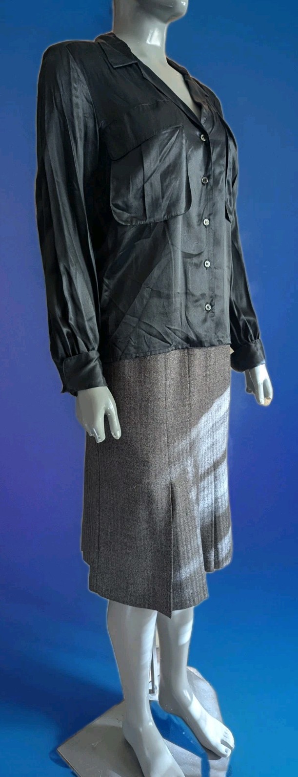 VTG 80s Boda Black Silk Satin-Finish Blouse Dual Chest Pockets Pointed Collar 6