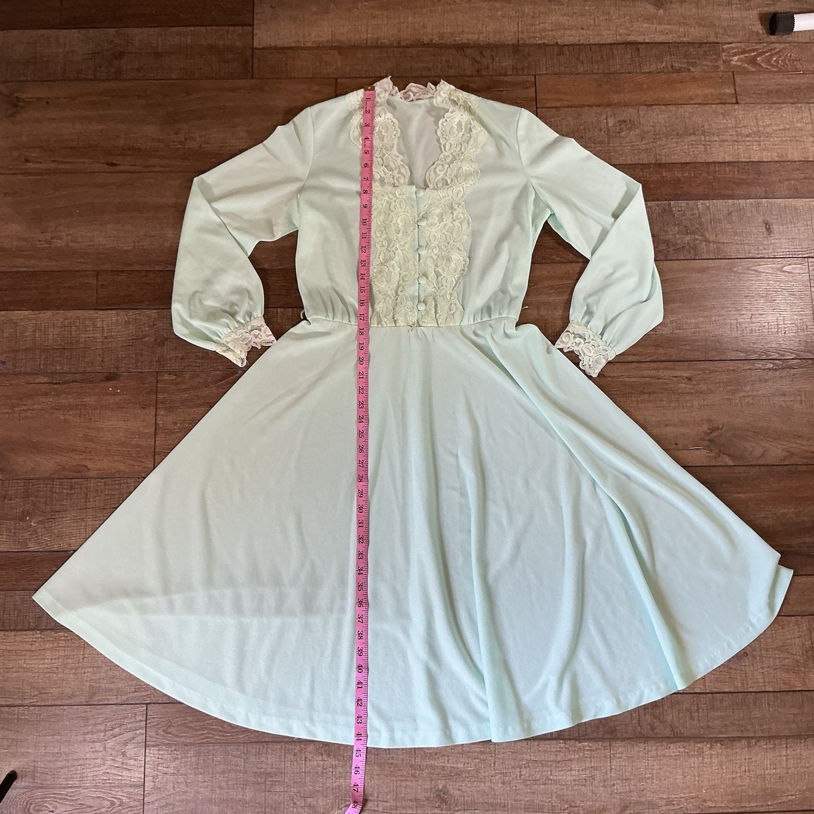 60s VINTAGE Size S – Toni Todd Mint Green Lace Trim Dress Cottagecore 70s #69708