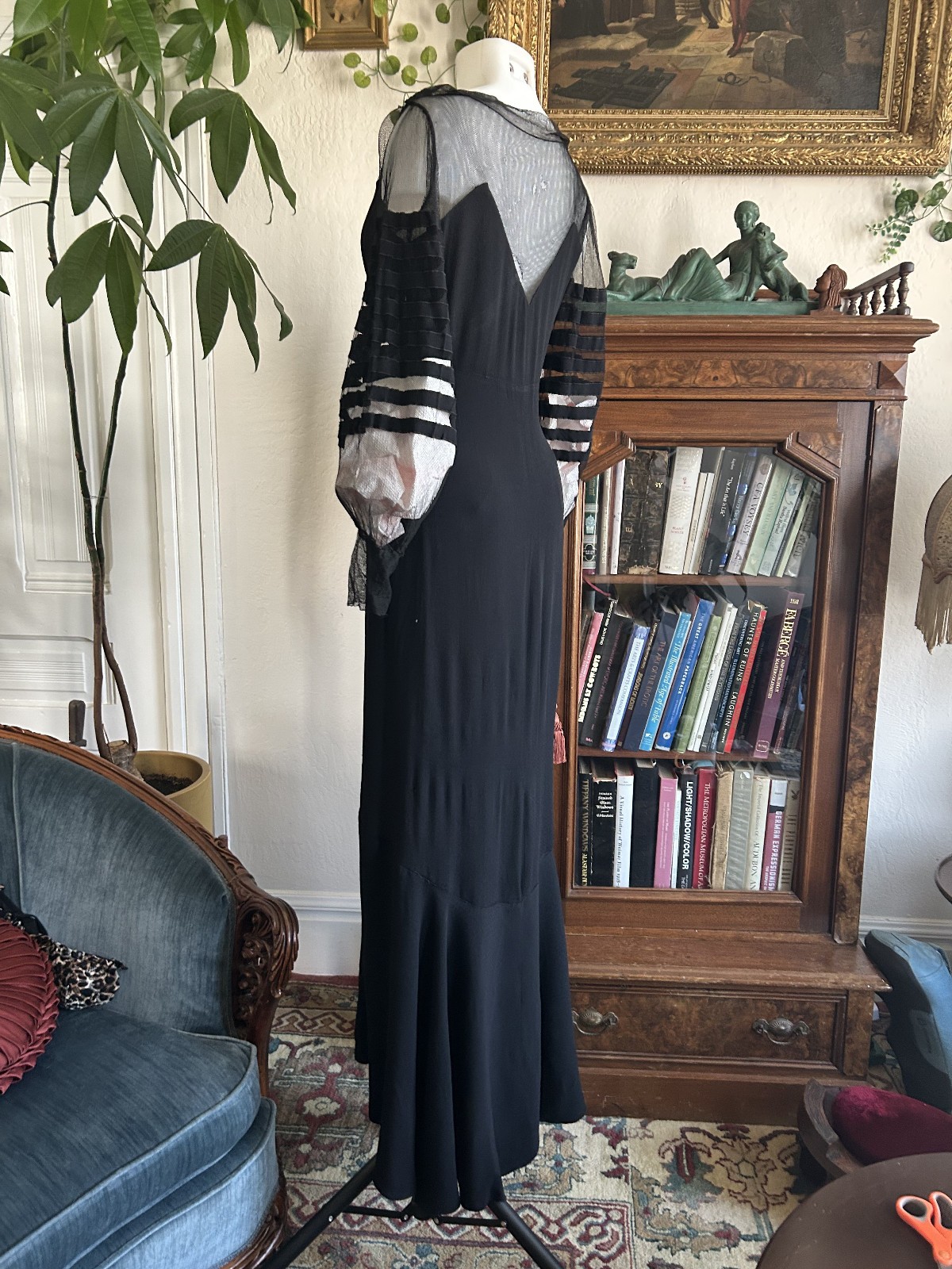 Vintage 1930s Black Mesh Net Gown Balloon Sleeves Bias Cut Art Deco Maxi Dress