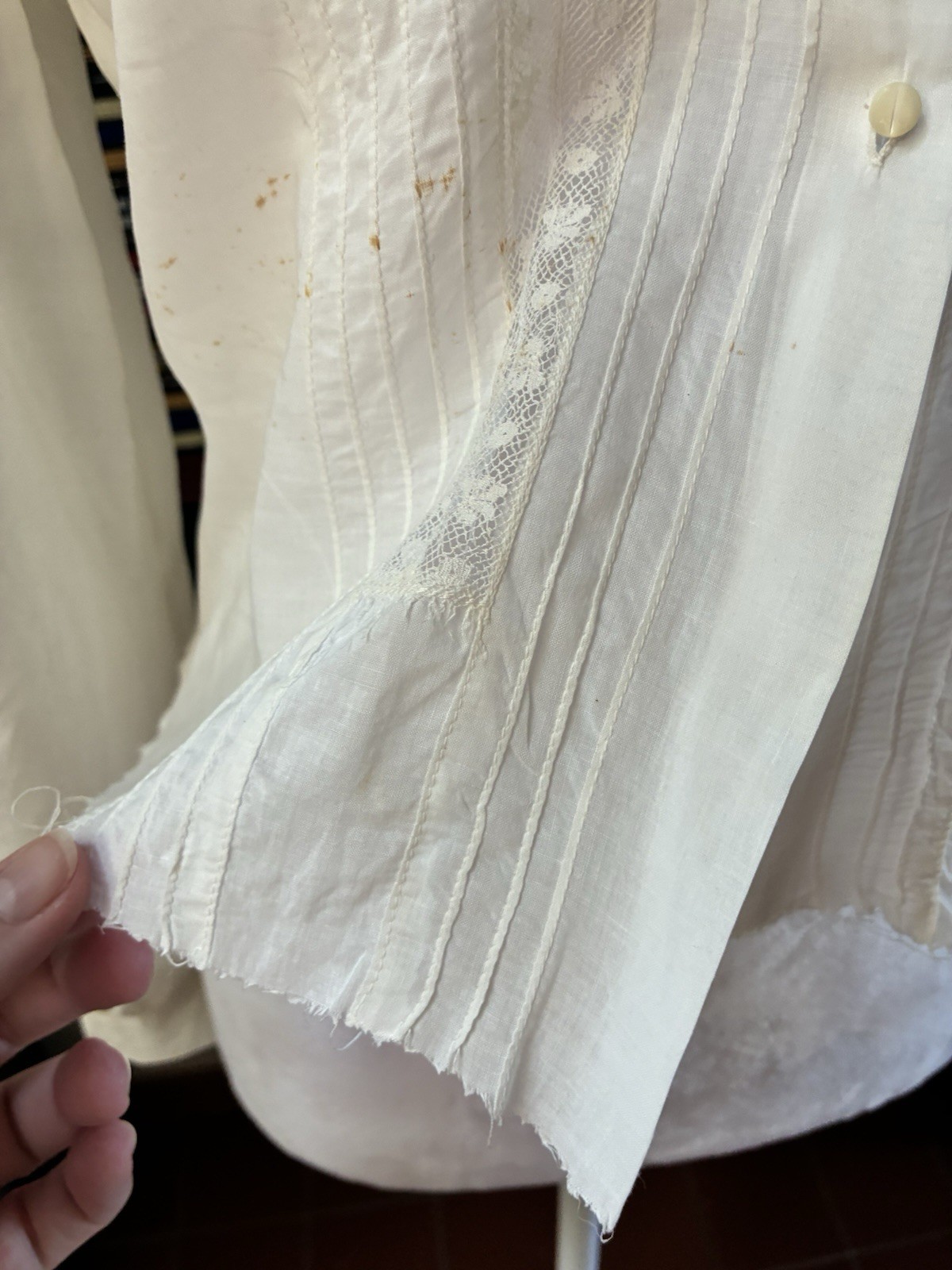 Vintage Handmade 40s White Pintuck Lace Button Up Blouse Top Size M