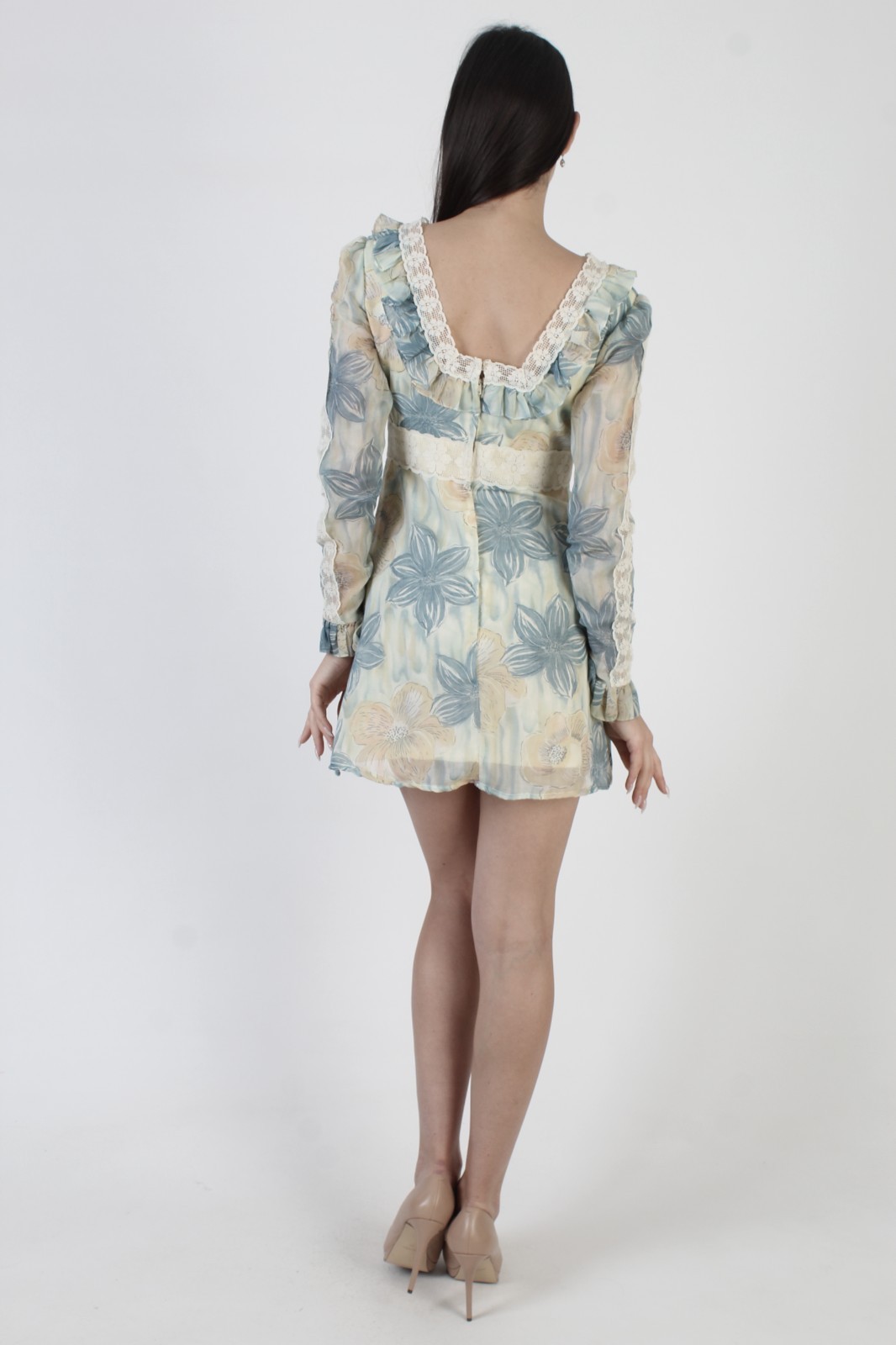 Vintage High Waist Floral Dress 70s Prairie Peasant Hippy Micro Mini Sundress