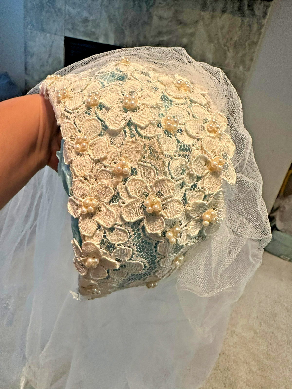 Vintage Satin Lace Wedding Dress Veil & Train Set – Pristine Preserved Box