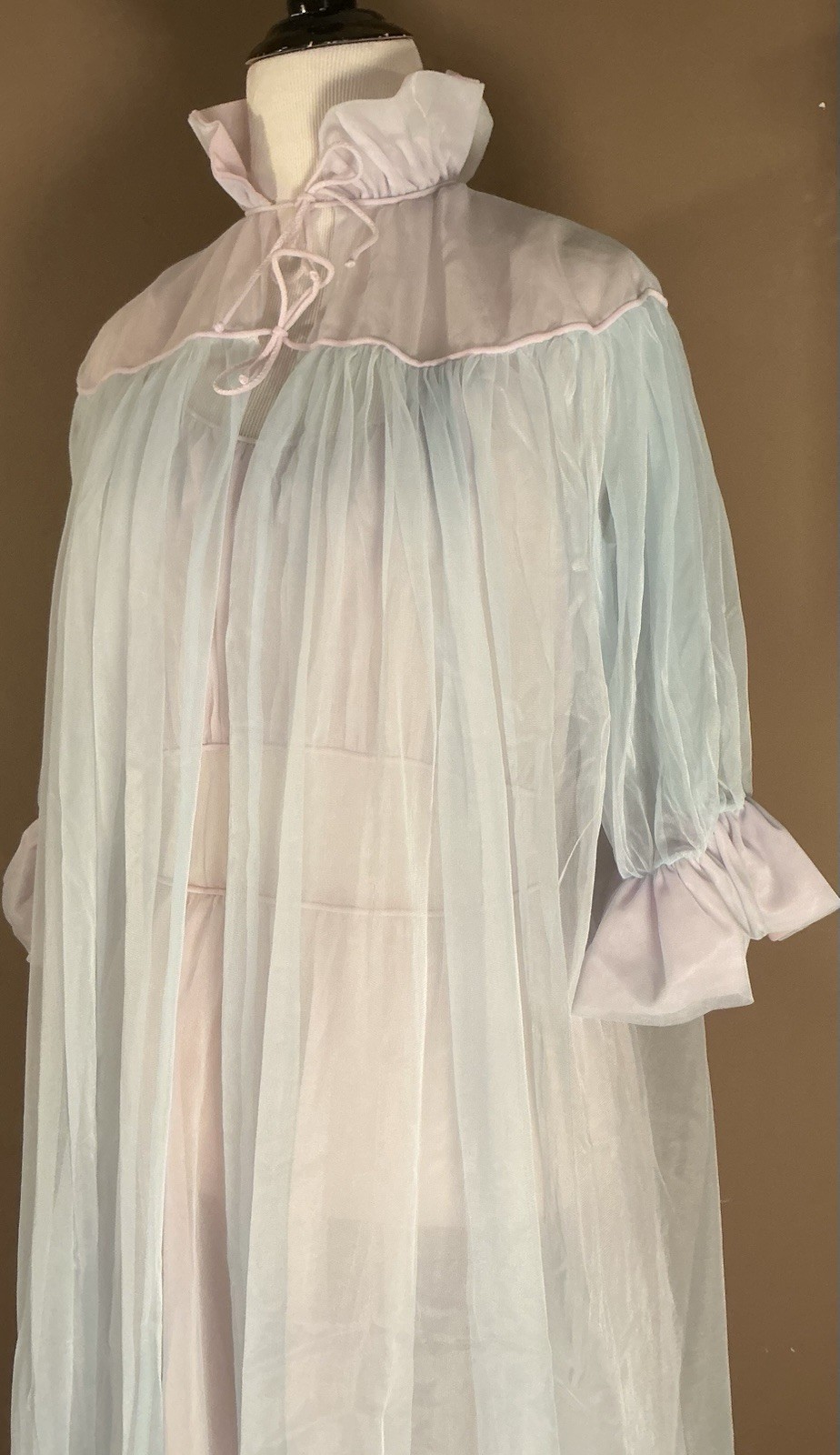 Vintage 60s Pink and Blue Sheer Peignoir Lingerie Robe Gown Set Sz 32