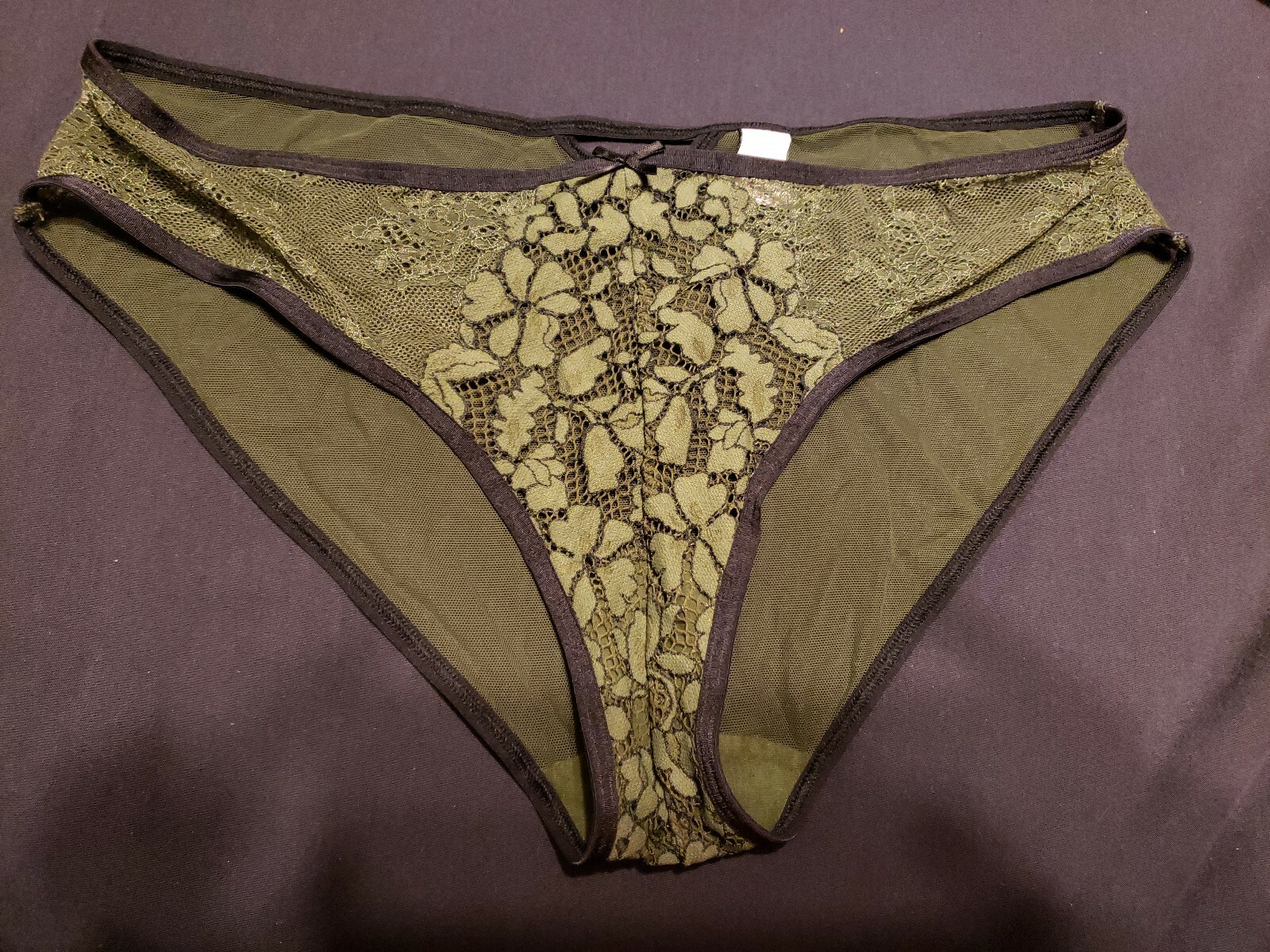 Vtg Victorias Secret Olive Green Black Lace Bikini Panties Rare Design Sz L Full