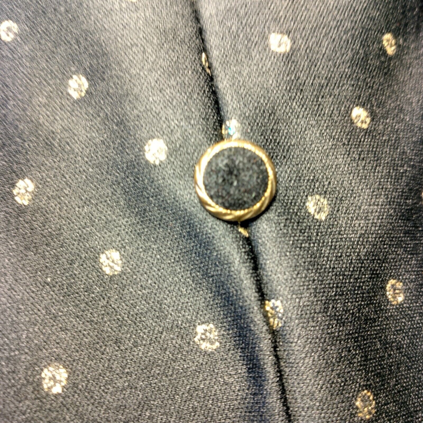 Vintage 1980s Homemade Dress Black Gold Metallic Polka Dot Drop Waist Party Nerd