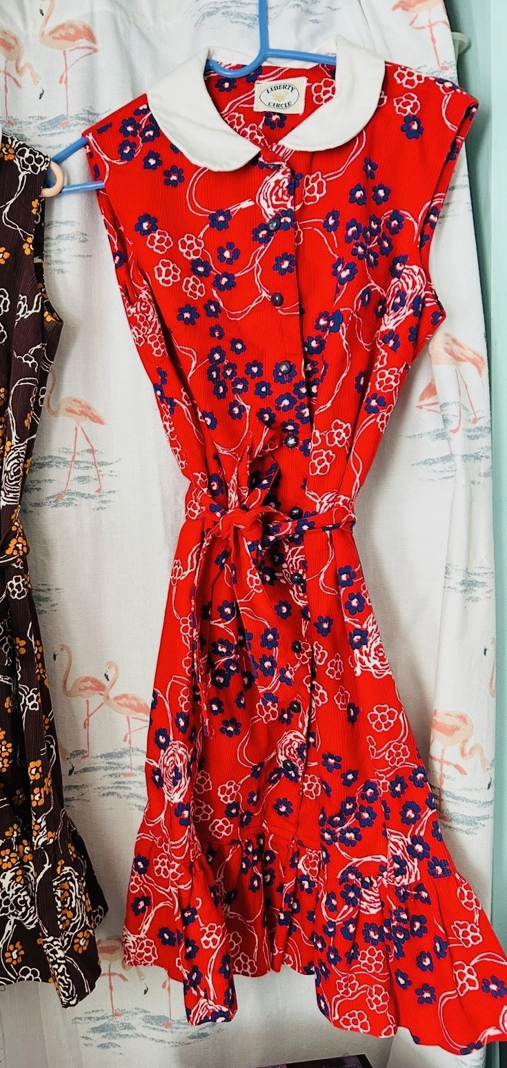 Vintage 60s Liberty Circle Red and Blue Floral Button Up Dress & Matching Belt