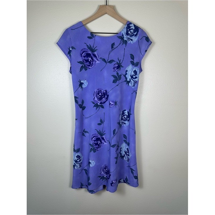 Vintage LISA JO Women Large Purple Floral Coquette Cap-Sleeve Short Dress
