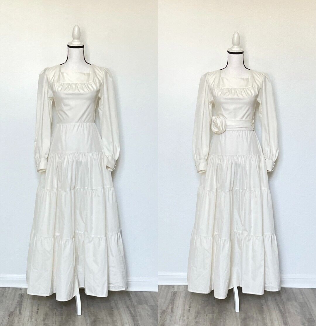 1970s Hand Made Wedding Dress, 1980s White Prairie Party Dress