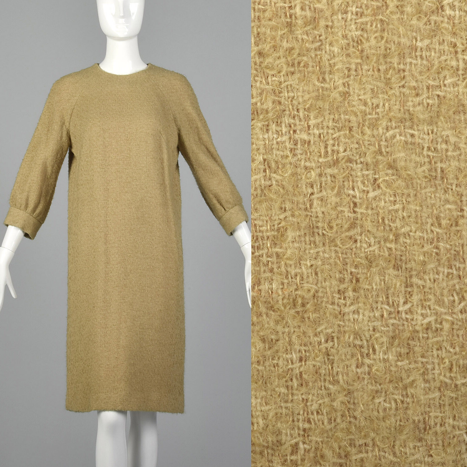 Small 1960s Bouclé Shift Dress Minimalist Autumn Dress Bracelet Sleeves 60s VTG