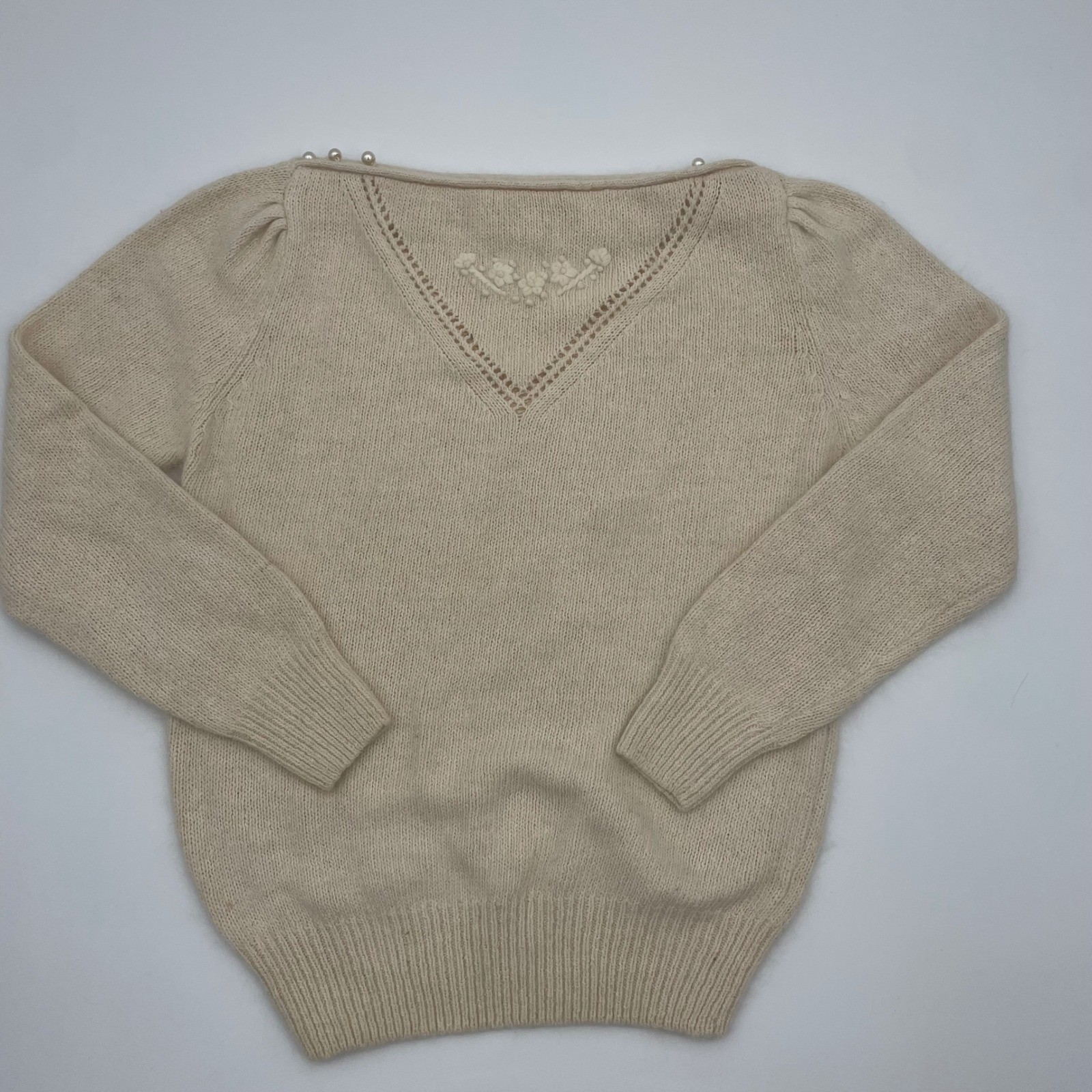 Vintage It’s Pure Gould Silk Angora Lambswool Sweater Cream Floral Pearl Large