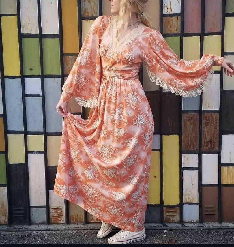 70’s Vintage Maxi Dress Lace Balloon Sleeves Floral CottageCore Peach Size S/M