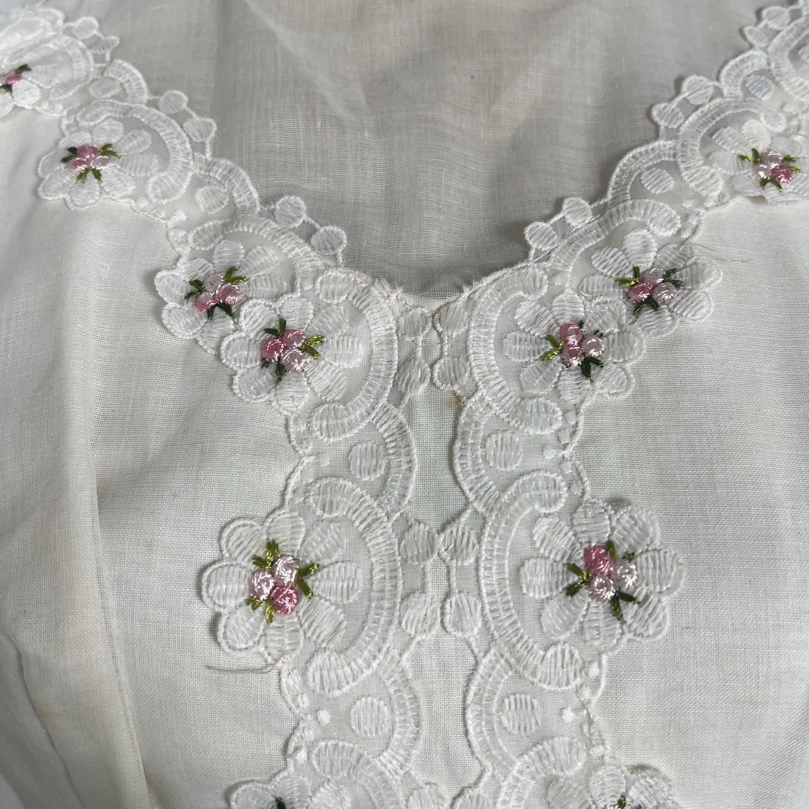 Vintage 1970’s Wedding Dress White Pink Rose Details Prairie Cottage Modest