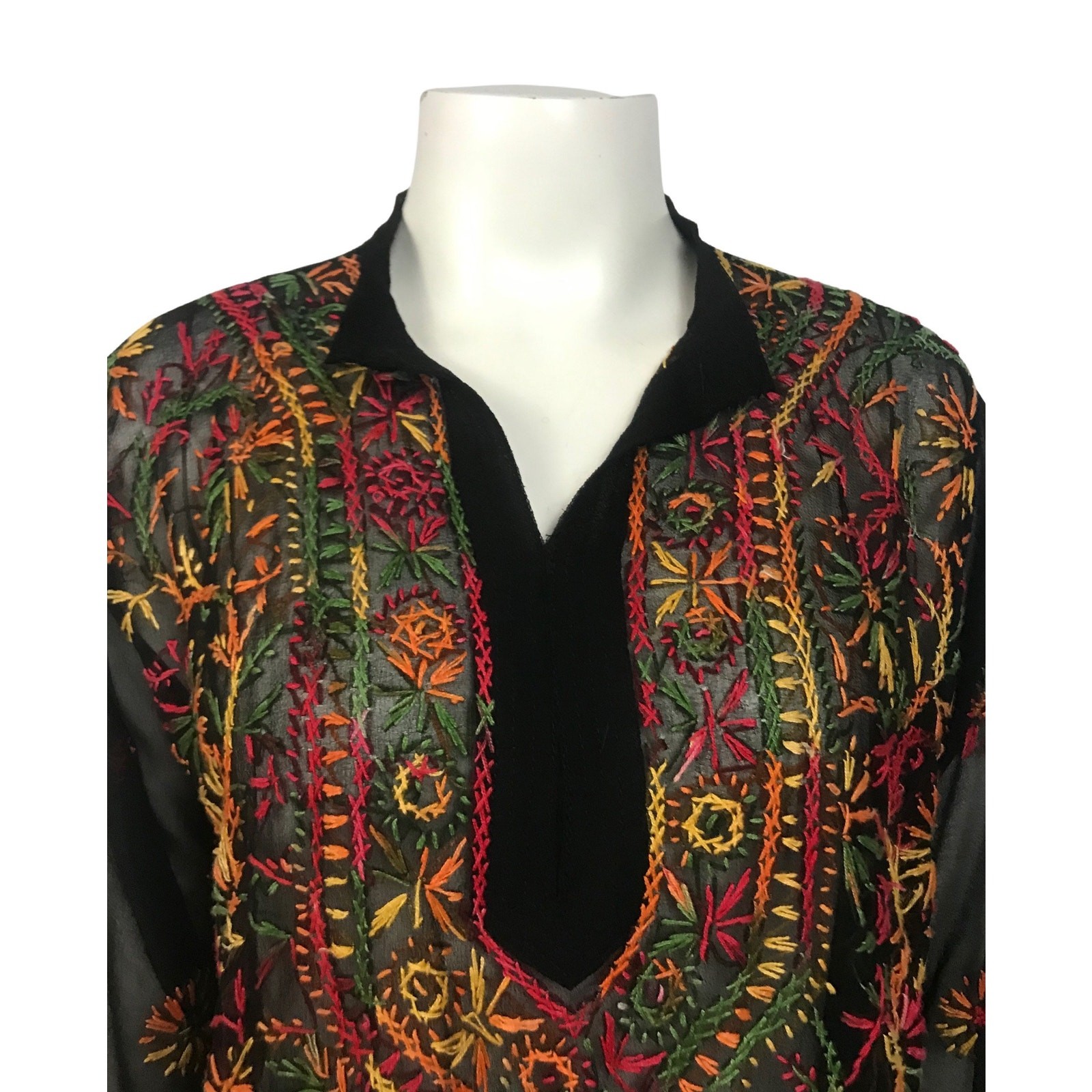 Sheer Black Embroidered Tunic Dress Indian Boho Festival Hippie Gauze M ^
