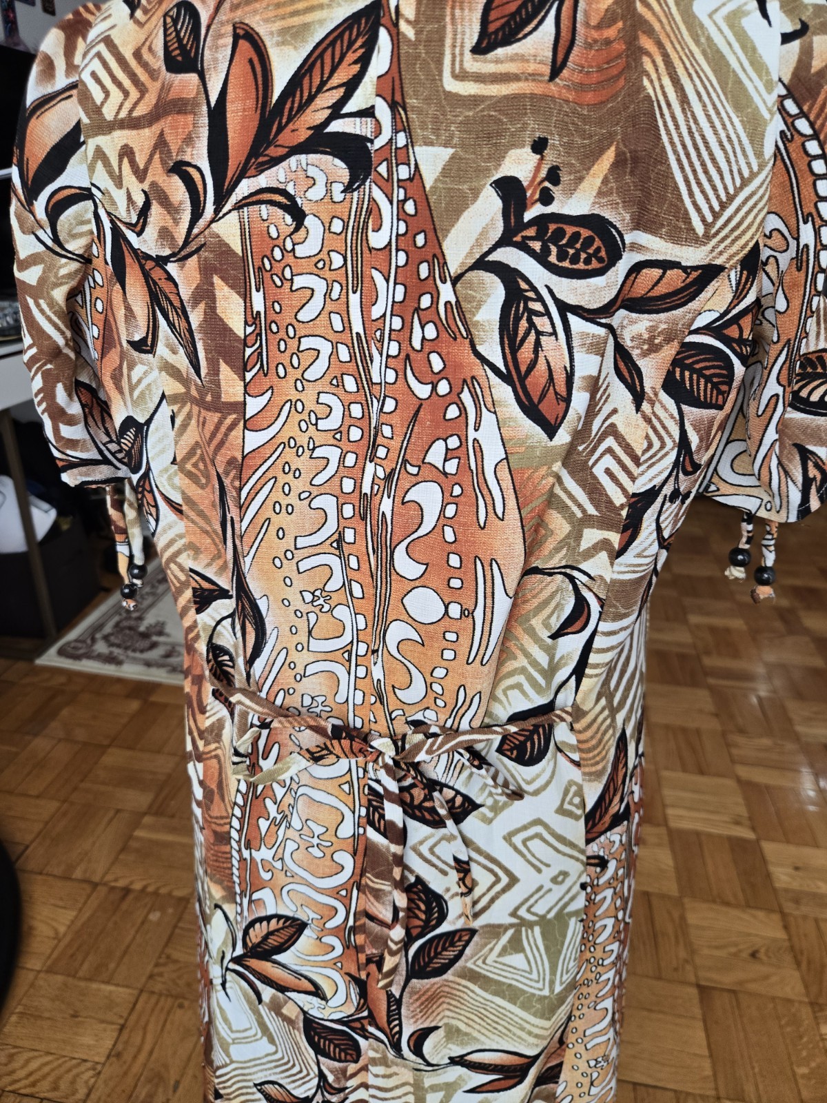 Vintage Emotions 90s Tribal Brown Short Sleeve With Bead Trim Past Knee Dress