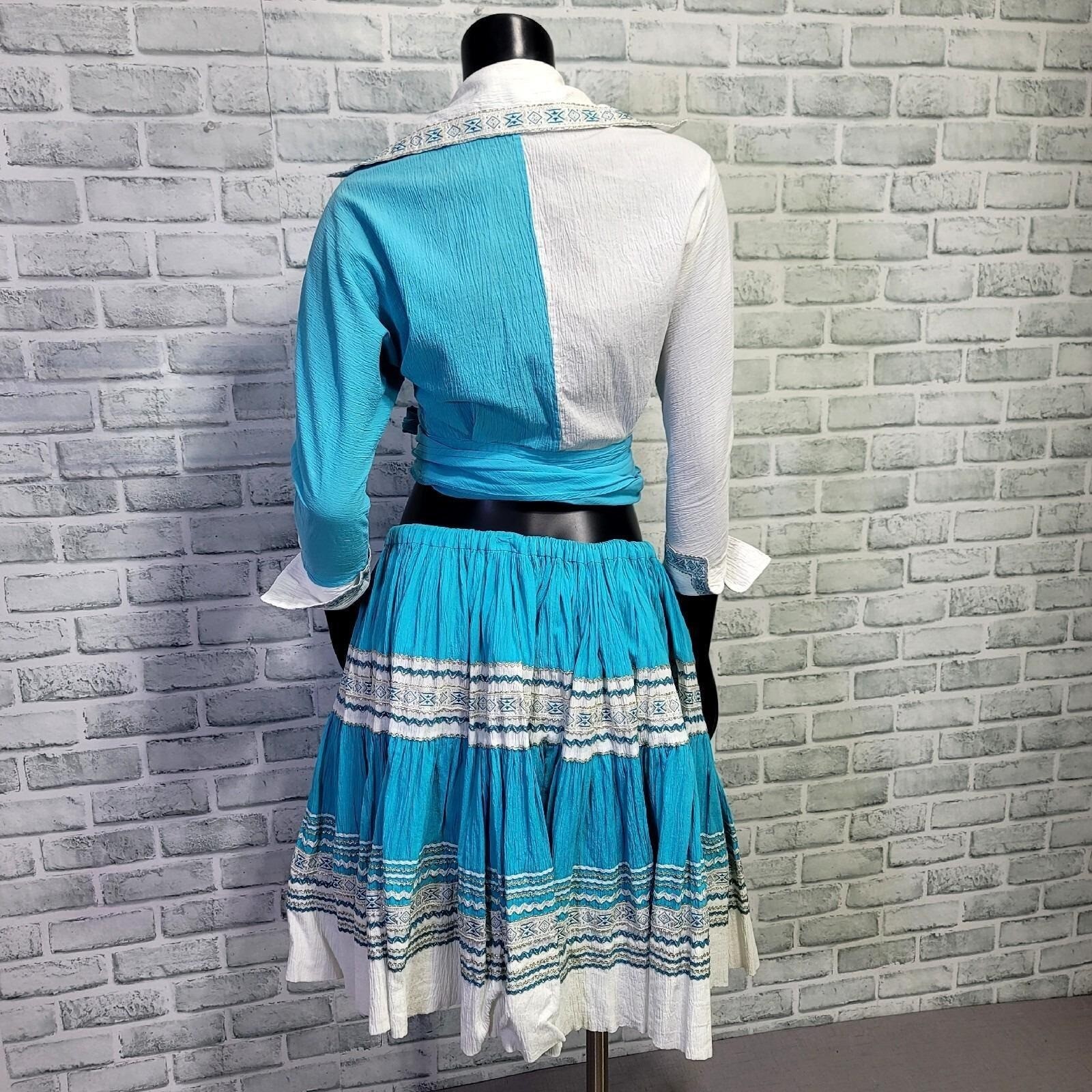 Vintage 70s Blue White Crinkle Cotton Skirt Wrap Top Set Boho Folk Square Dance