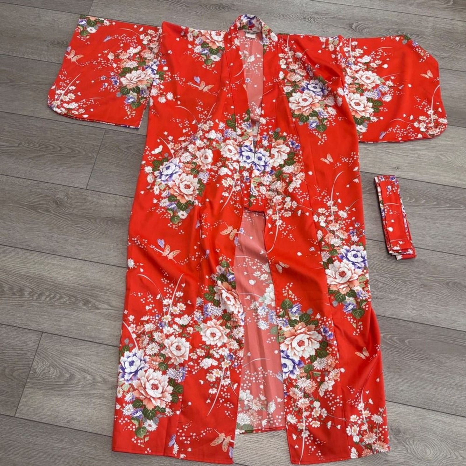 Vintage Made in Japan Red Floral Kimono Robe Butterfly Peony Long Dressing Gown