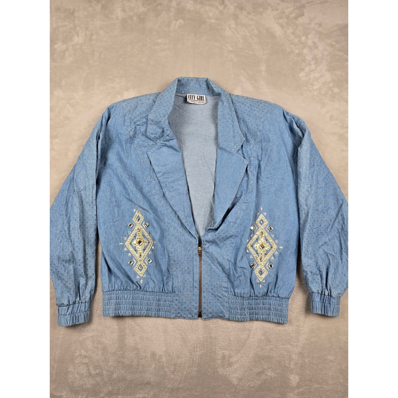 Vintage City Girl Blazer Womens L/XL Blue Gold Studded 80s Talon Zip *Read