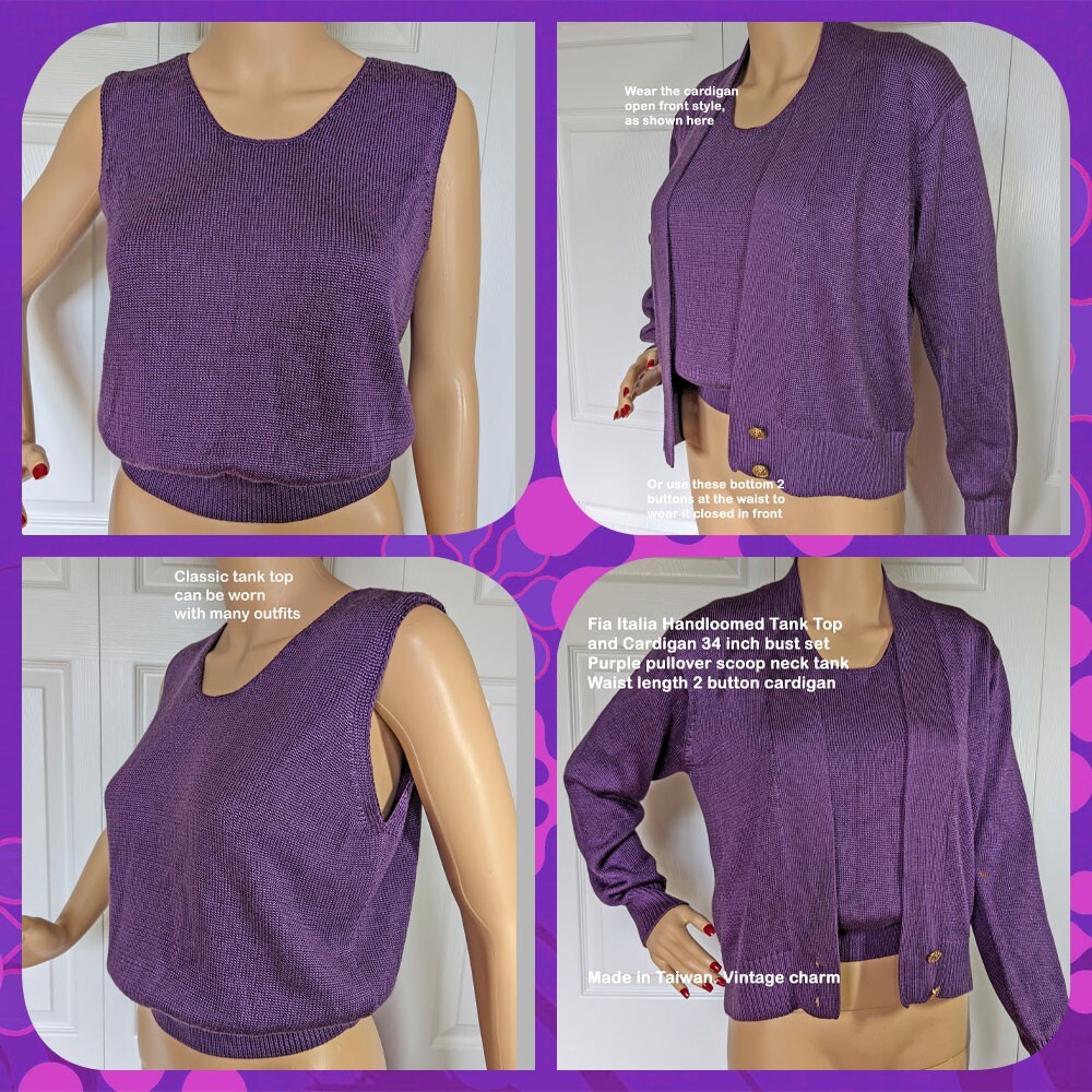 Fia Italia Handloomed Tank Top & Cardigan 34″ bust set, Purple pullover tank SM