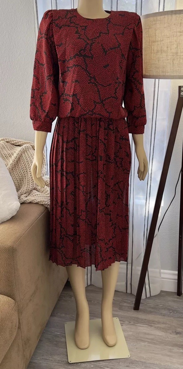Vintage 80s REO Red Floral Pleated Drop Waist Dress Size 6 Retro ILGWU EUC