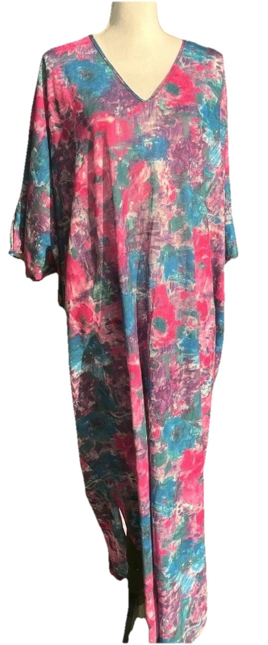 Caftan Lounge Dress Batwing Floral Plus Size Pink Blue Made USA Vintage