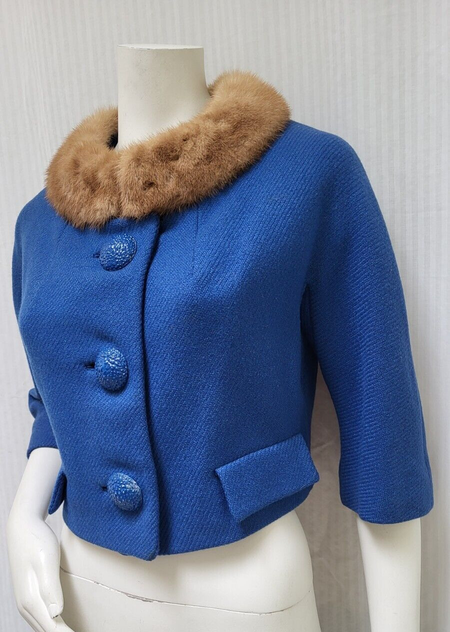 Vintage 1950/60’s Blue Wool Dolman Sleeve Fur Collar Cropped Jacket – Size M