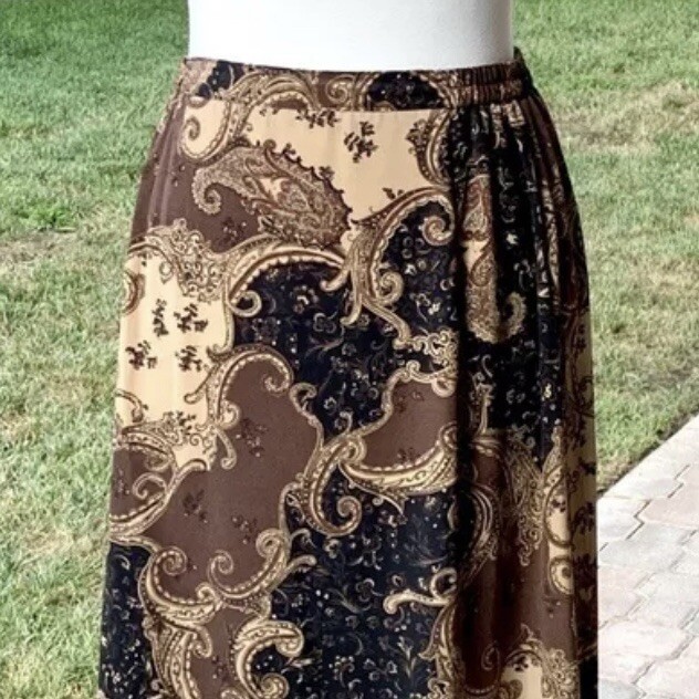 Skirt Brown Vintage Laura Scott Plus Size:16W Brown w/Black Swirl Multi-Print