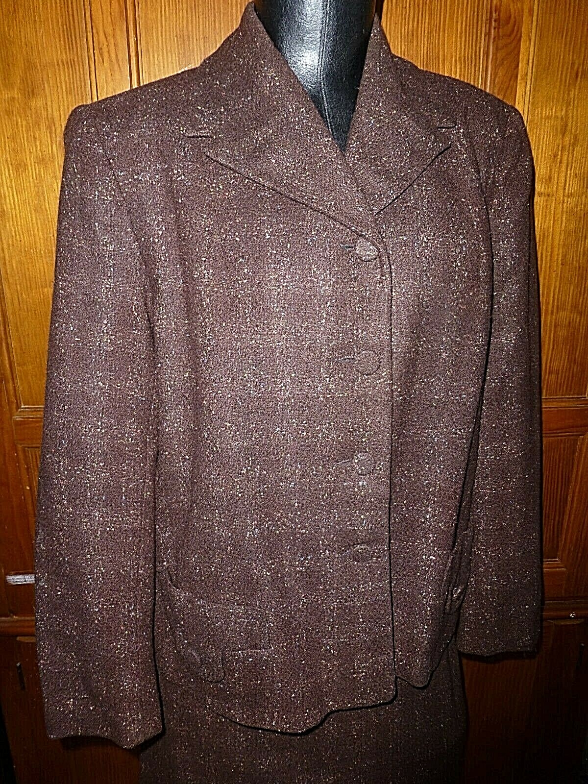 VTG 60s CASHMERE WOOL SILK Brown Jackie O dress Jacket Blazer Skirt SUIT L XL
