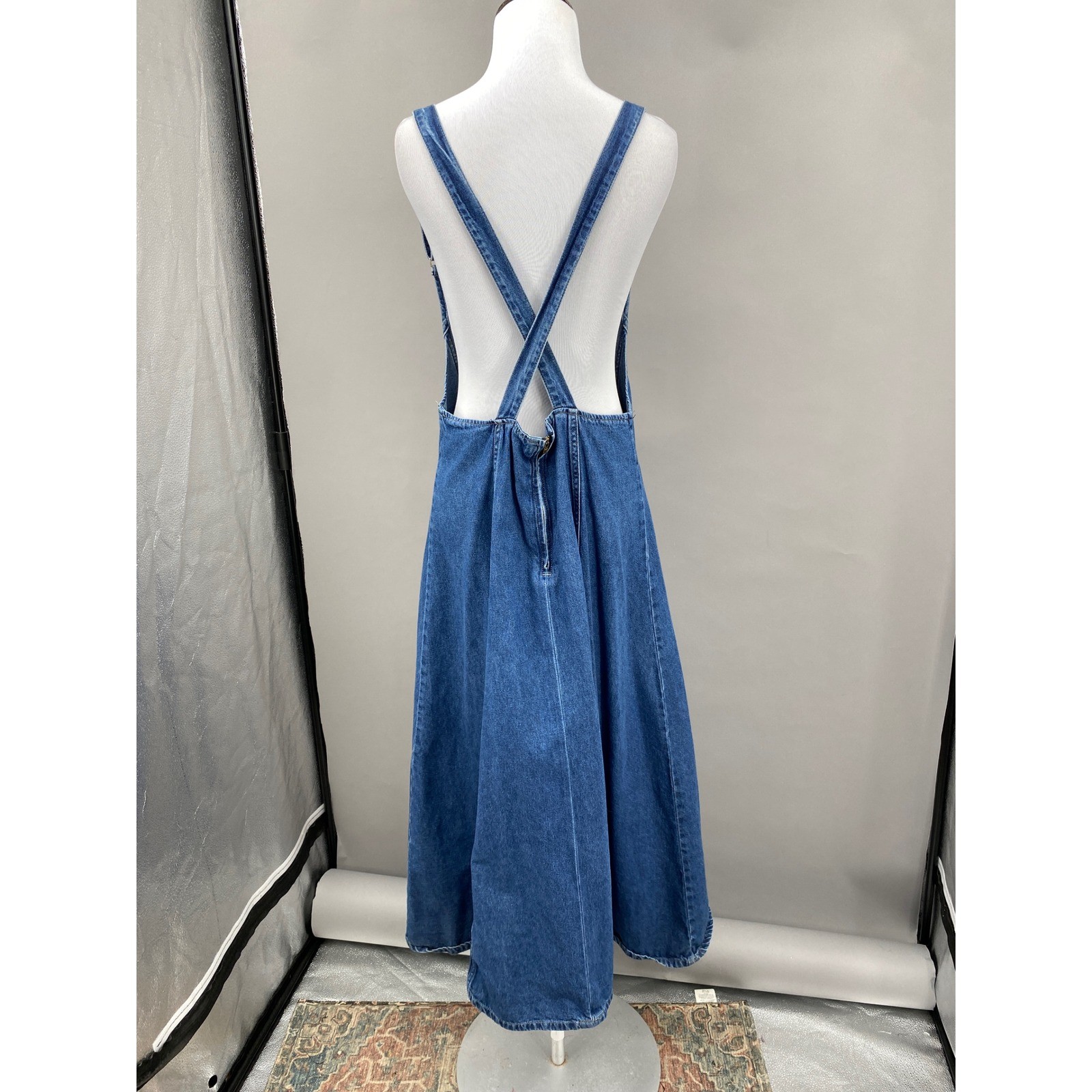 Forenza Denim Pinafore Suspender Skirt Dress Womens 14 Vtg 90s Overall Midi Bibs