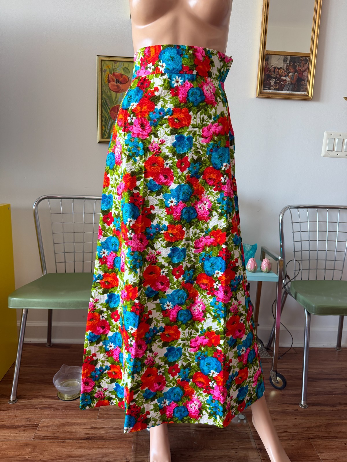 🌺 Vtg 60s Psychedelic Floral A-Line Maxi Skirt Graphic Roses S