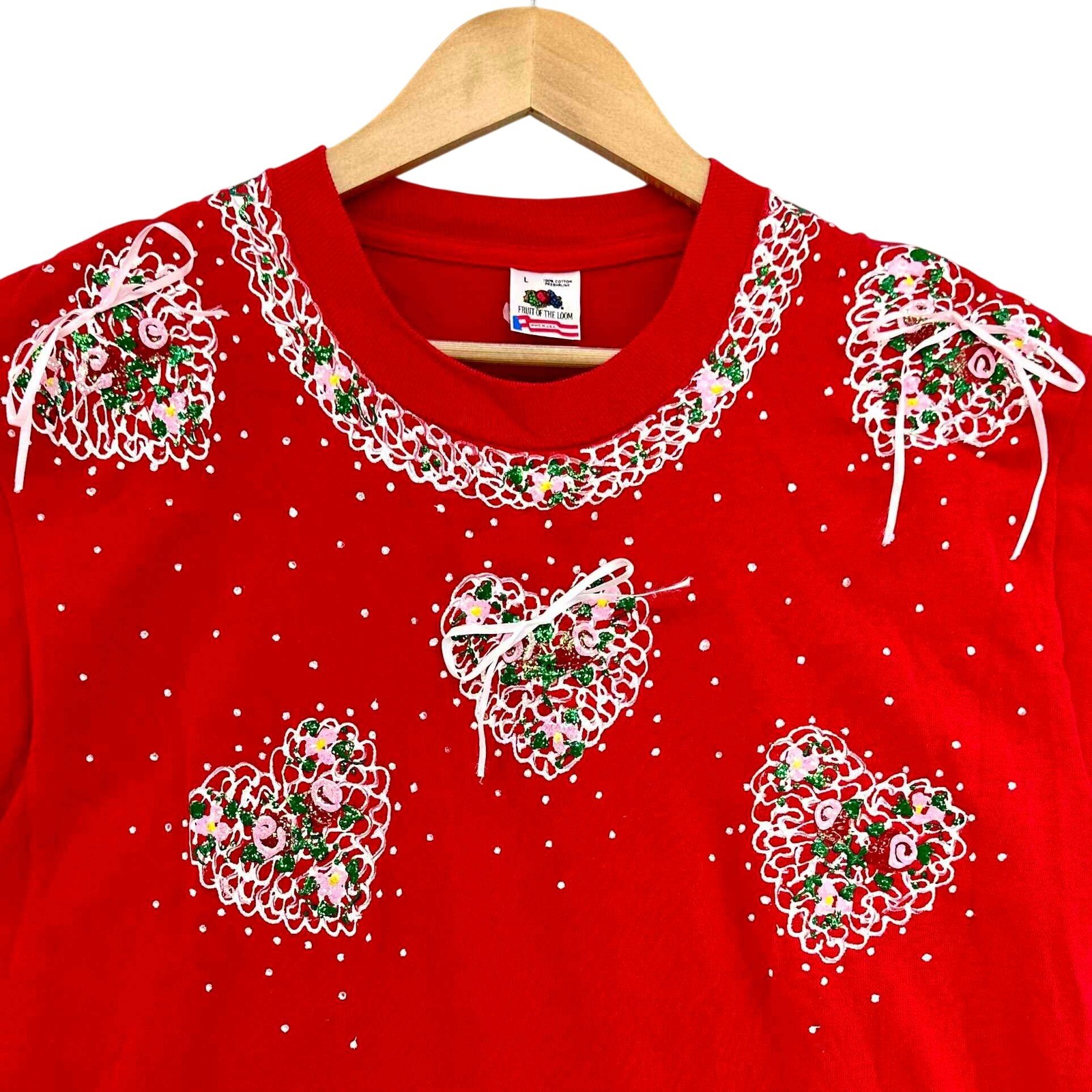 VTG 90s Red Heart Puff Paint Single Stitch T-Shirt SZ L 90s Made in USA Handmade