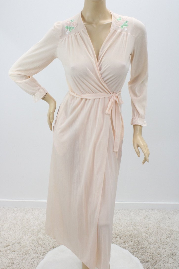 Jolie Two Long Peignoir Robe Small Nylon Peach Wrap Around Robe USA VTG