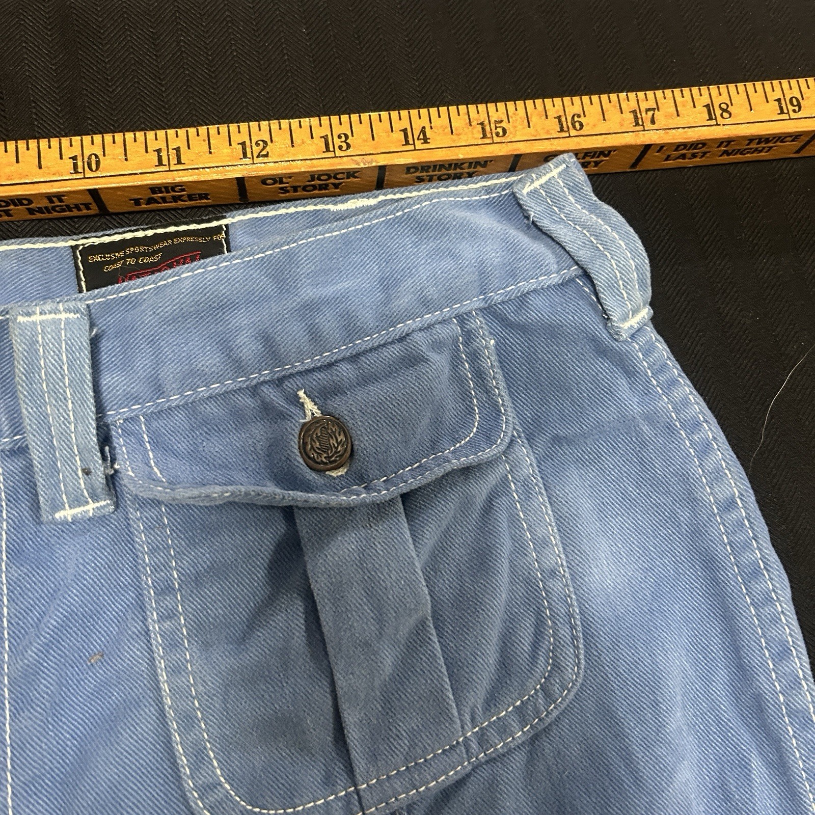 Vtg 70s National Shirt Shops Bell Bottom Flare Jeans Patch Pocket Blue Denim 33