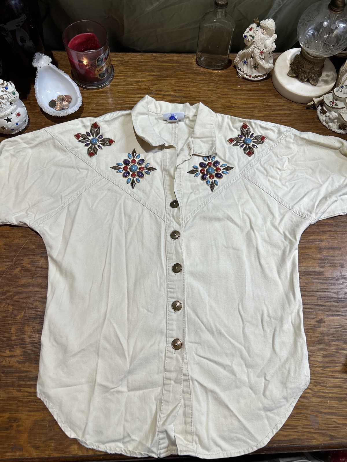 Vintage Monique Fashions Denim Rhinestone Studded Long Sleeve Women’s Shirt