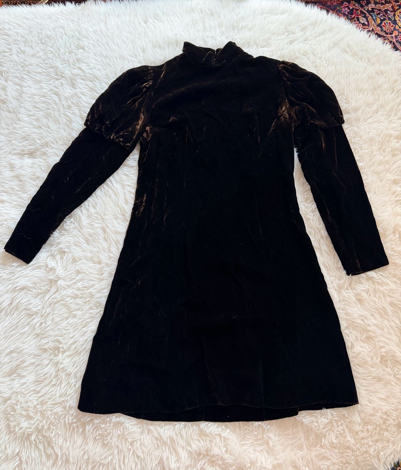 Vintage Young Edwardian by Arpeja Dark Brown Velvet Mock Neck Puff Sleeve Dress
