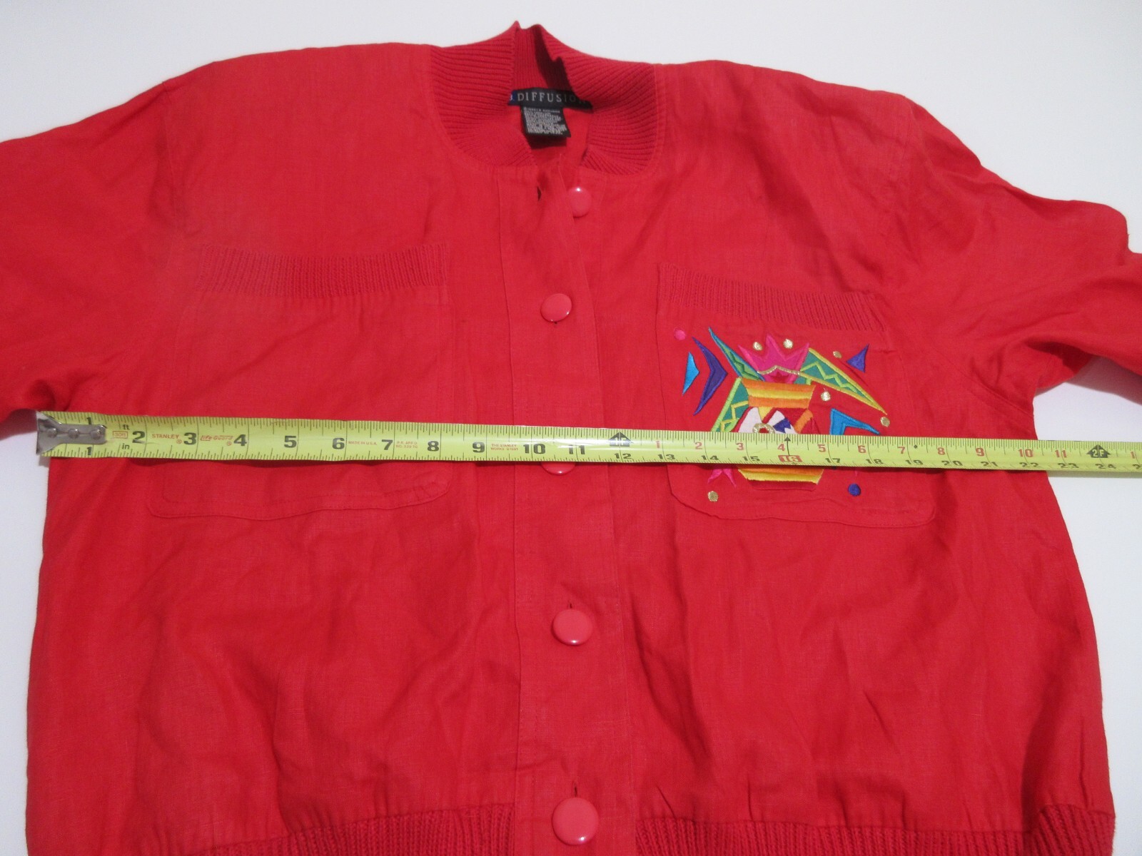 Sz 8 M VINTAGE 90s I B Diffusion Tribal Embroidered Red Linen Bomber Jacket Top