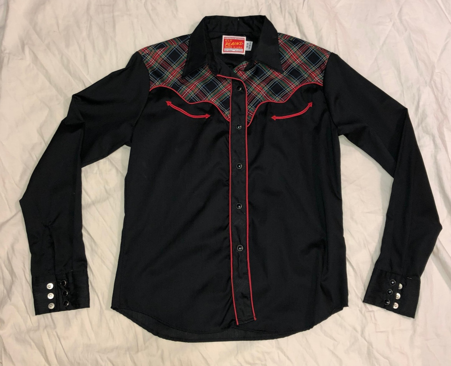 Vintage Ely Plains Womens Black Pearl Snap Western Shirt Sz 15/16 Red Trim Plaid