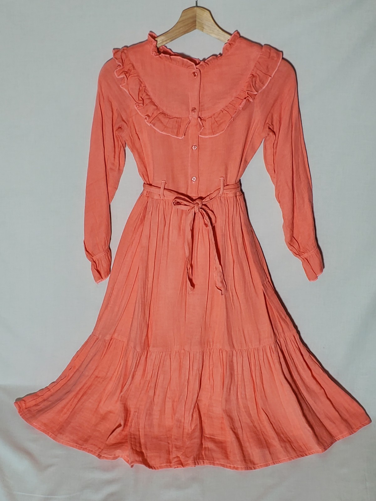 Vintage 70s Prairie Maxi Dress Girls 12 Coral Ruffle Cottagecore Salmon Tie Belt