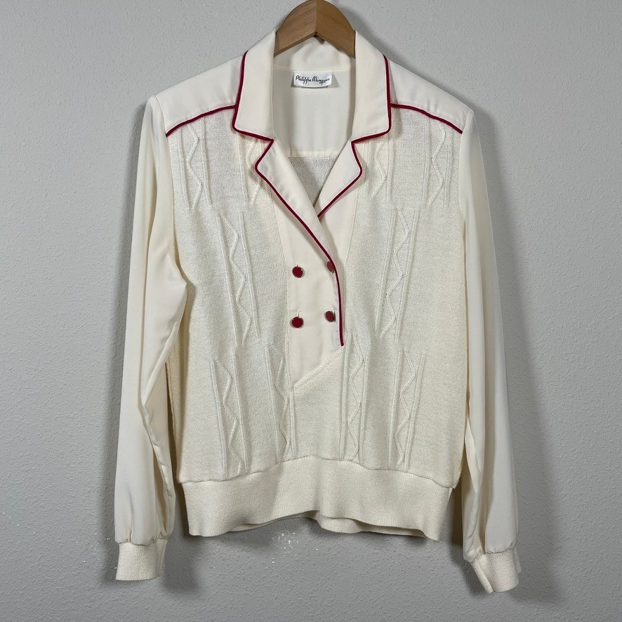 Philippe Marques Blouse Womens XL Cream Red Vintage Knit Mixed Media Excellent