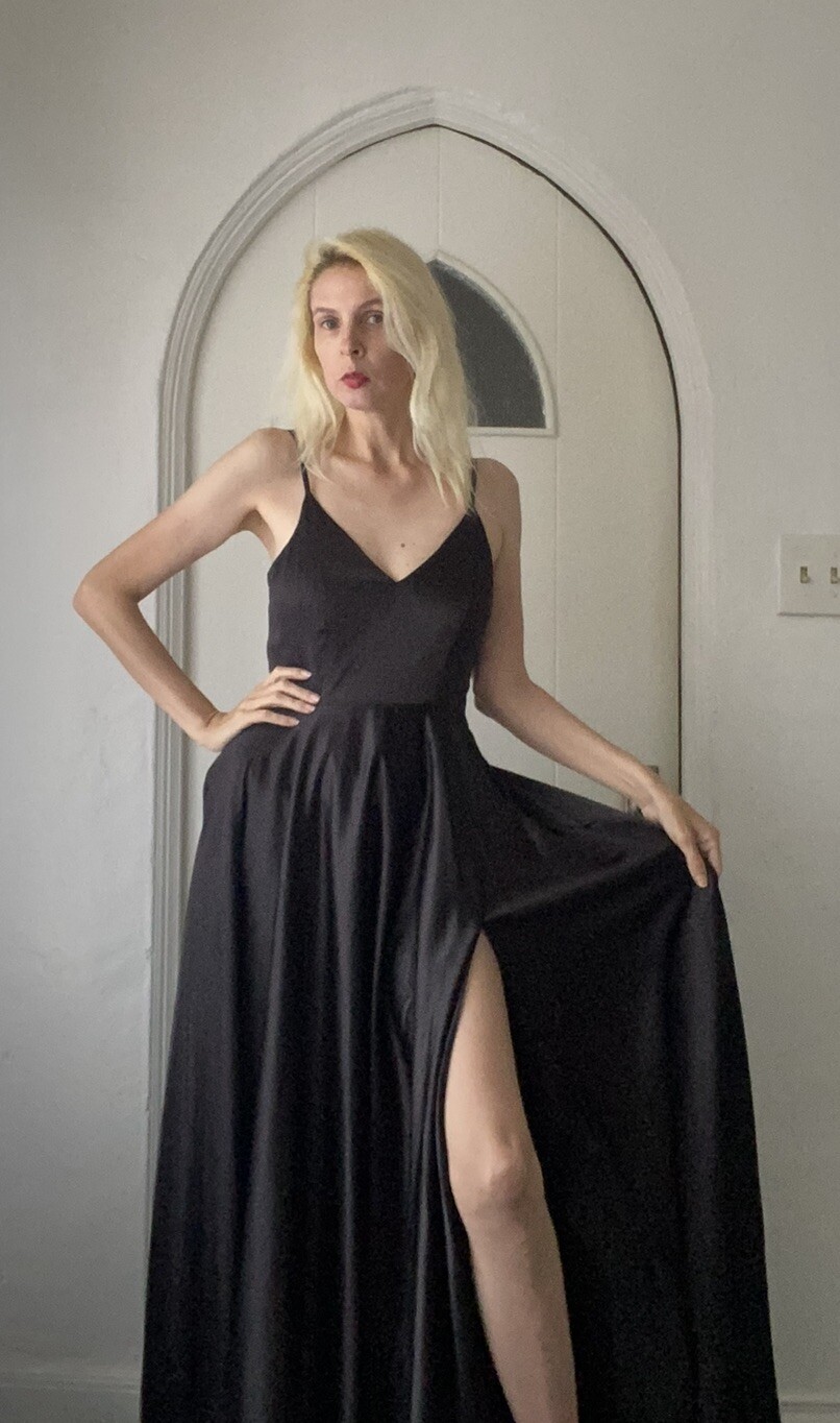 Vintage B. Darlin Black Silky Poly Sweeping High Slit Glam Evening Dress S