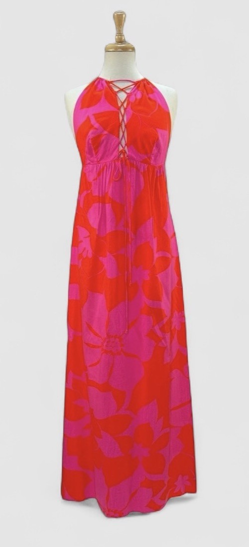 VNTG 70’s FUMI’S At WAIKIKI Floral Pattern Pink & Orange Maxi Dress Women’s XS/S