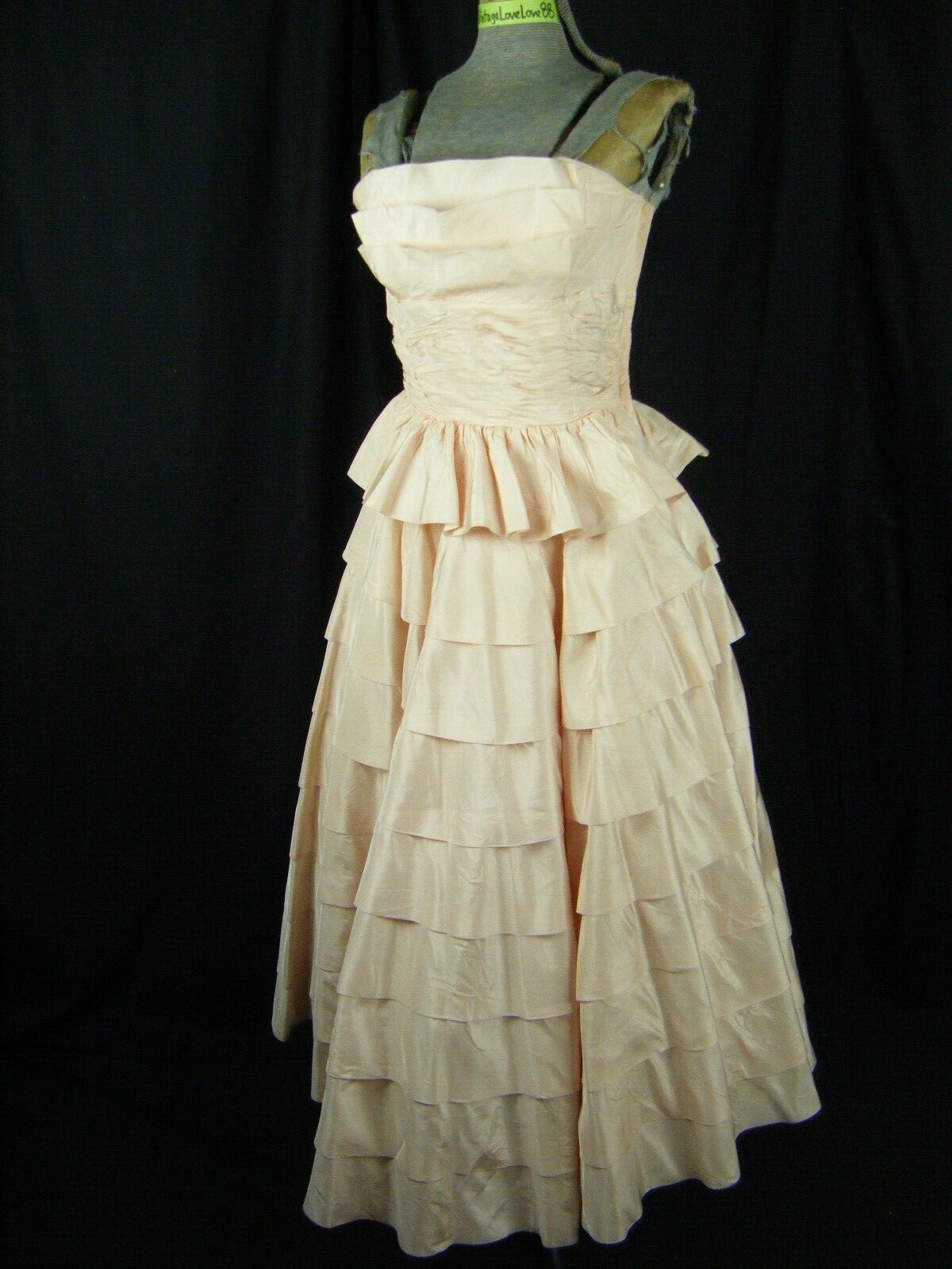 COTILLION FORMALS Vtg 50s Pale Pink Strapless Tiers Party Dress-Bust 32/2XS