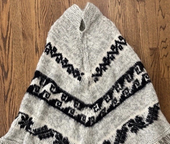 Vintage Ethnic Loose Hand Knit Fringe Poncho Tribal Alpaca Mohair Wool Crunchy