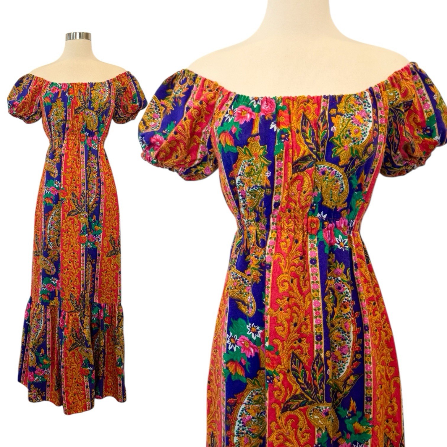 Vintage Cracker Jax Boho Peasant Paisley Print Prairie Festival Maxi Gown Dress