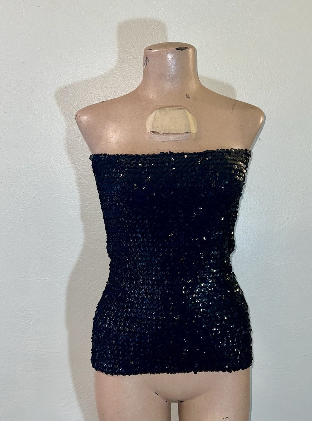 Vintage 1970-80’s Black Sequined Large Tube Top Strapless Sz S Disco