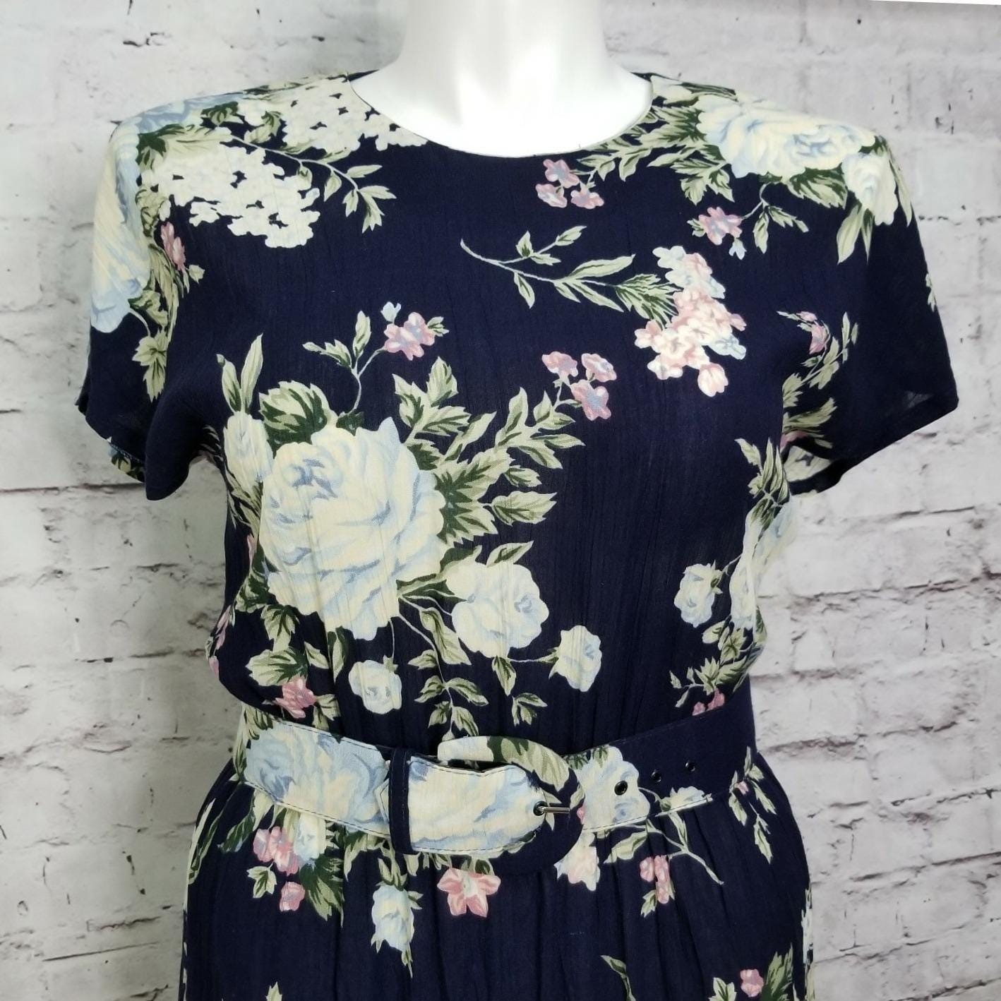 Vintage 90s Ansley Navy Blue Floral Maxi Dress Rayon Pleated Skirt Belted USA 12