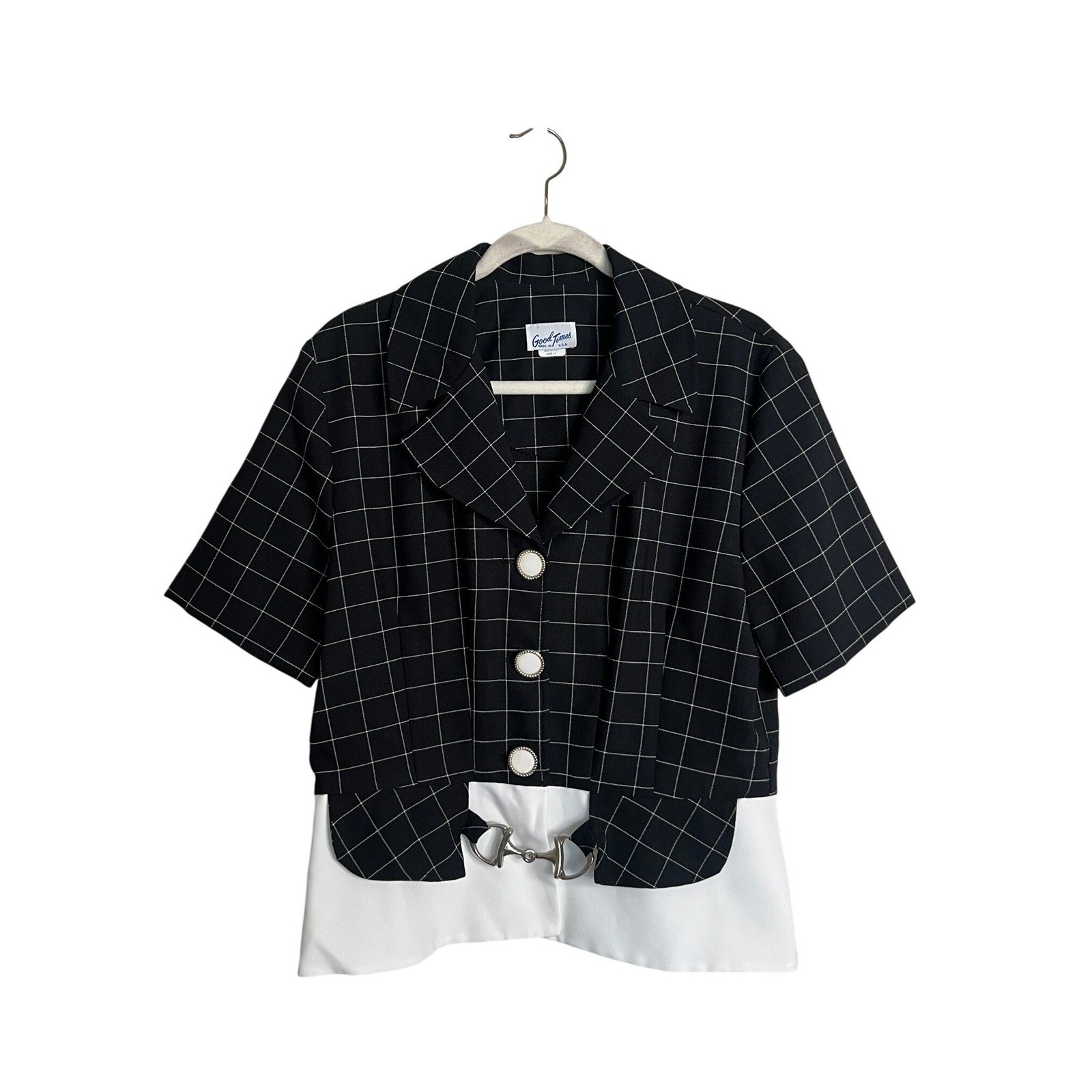 Good Times Vintage Black White Windowpane Horsebit Blazer Top Short Sleeve 14